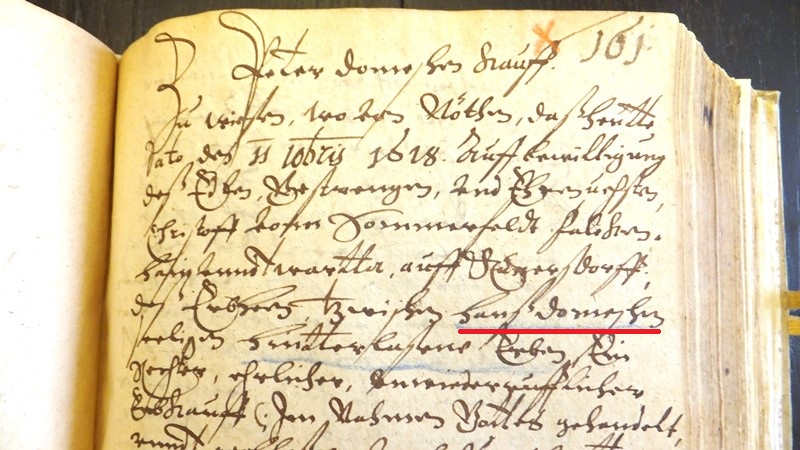 Familienforschung Richter-Thomschke: Hanß Thomschke, Cunnersdorfer Gerichtsbucchh, 11. Dezember 1618.