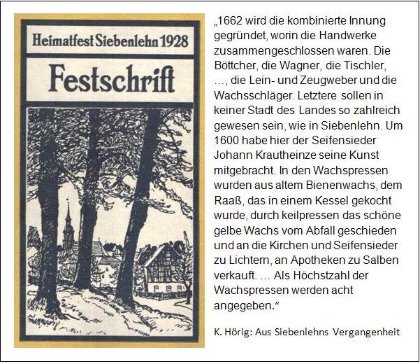 Familienforschung Siebenlehn/ Sachsen: K. Hörig "Aus Siebenlehns Vergangenheit" in Heimatfest Siebenlehn 1928, Seifensieder Johann Krautheinze