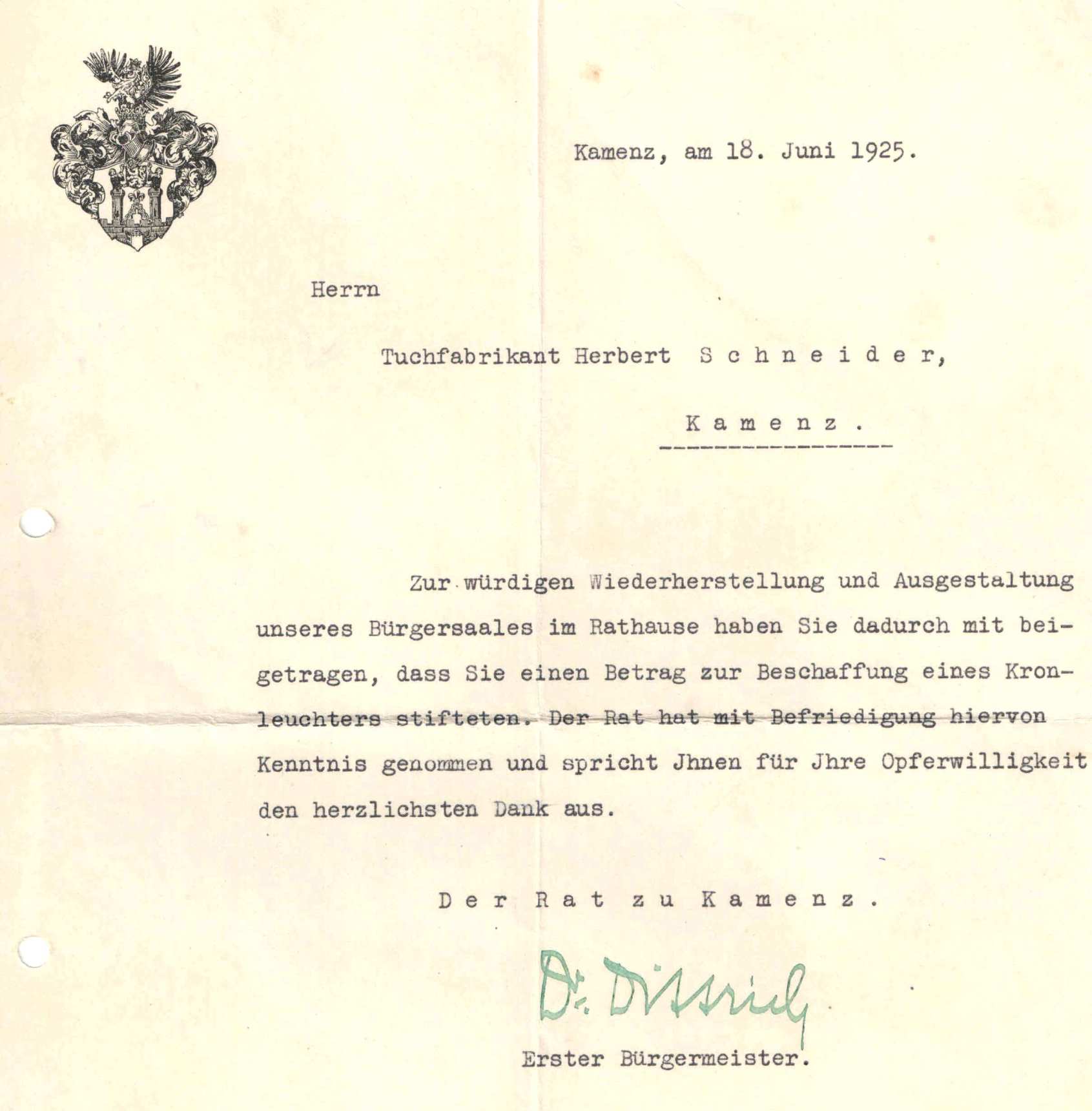 Schreiben des Kamenzer Bürgermeisters Dr. Dietrich an Herbert Schneider.
