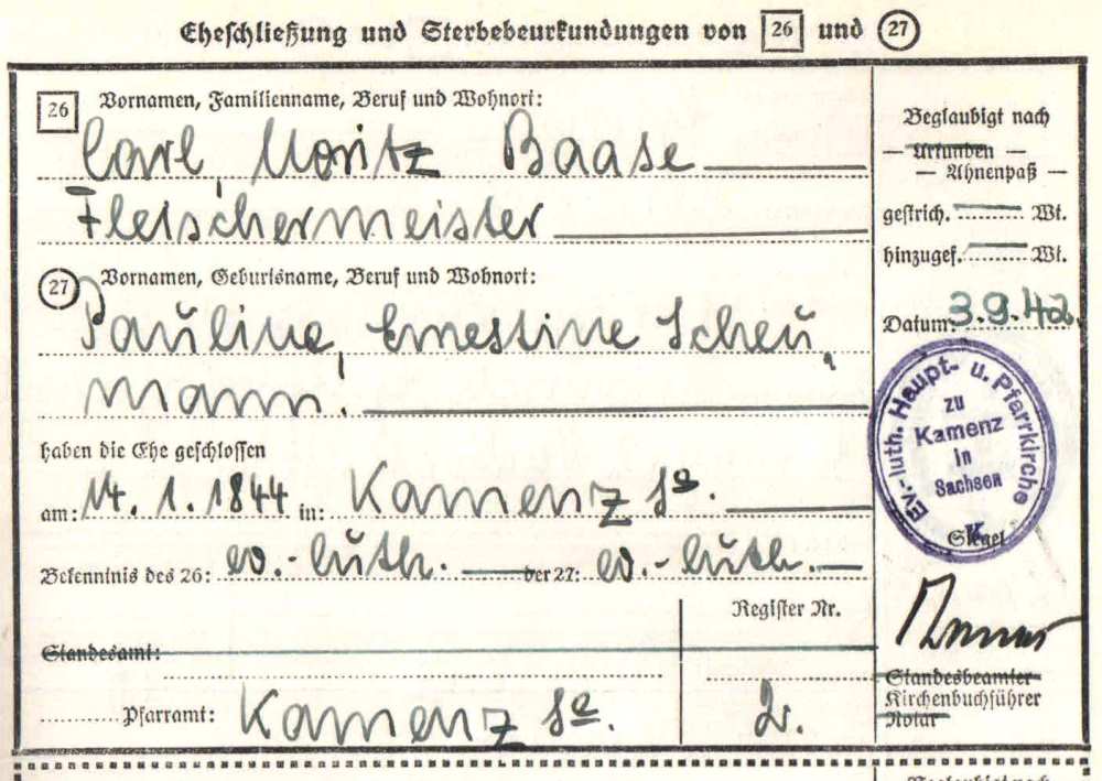 Familienforschung Richter-Müller: Carl Moritz Baase und Pauline Ernestine Scheumann, Kamenz in der Oblerausitz.
