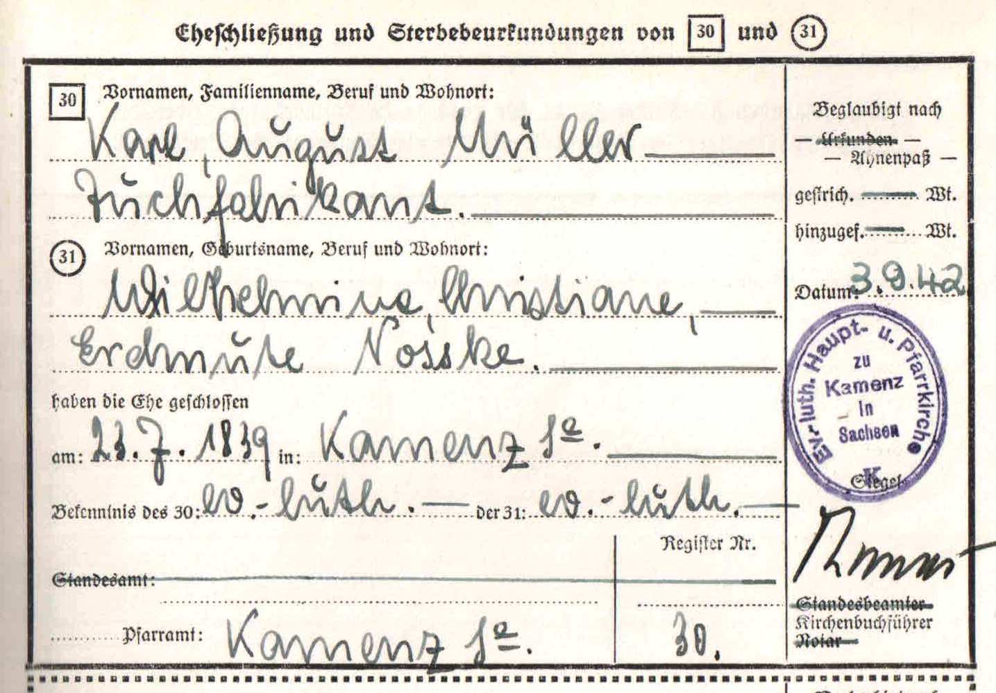 Familienforschung Sachsen: Familie Karl August Müller, Kamenz.