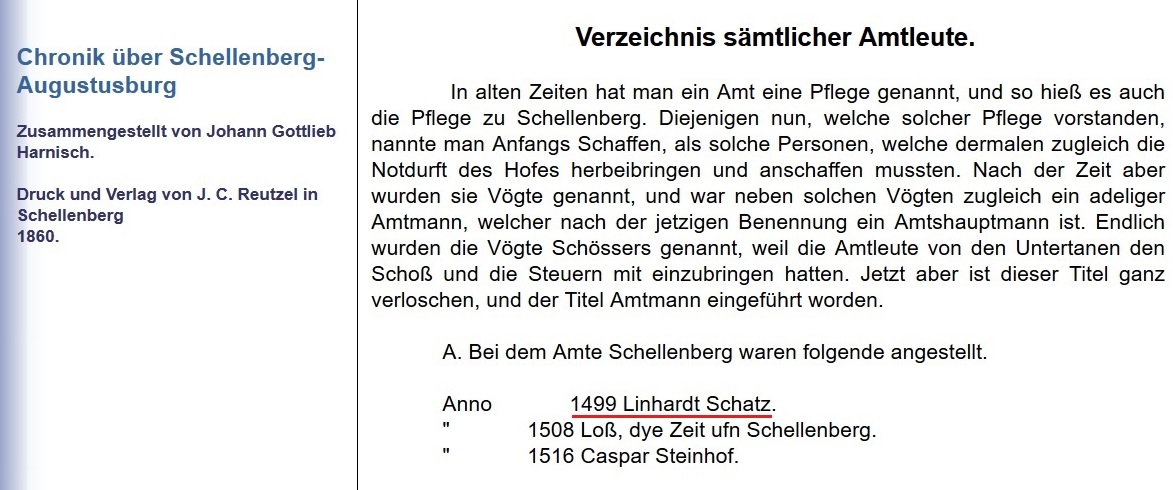 Familienforschung Sachsen: Leonhard (Linhard) Schatz, 1499 Amtsschösser zu Schellenberg/ Augustusburg.