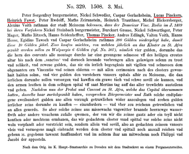 Familienforschung Sachsen: Stadtrath Lucas Pinicker (Pincker) in Codex diplomaticus Saxoniae regiae, Band 4, Seite 274