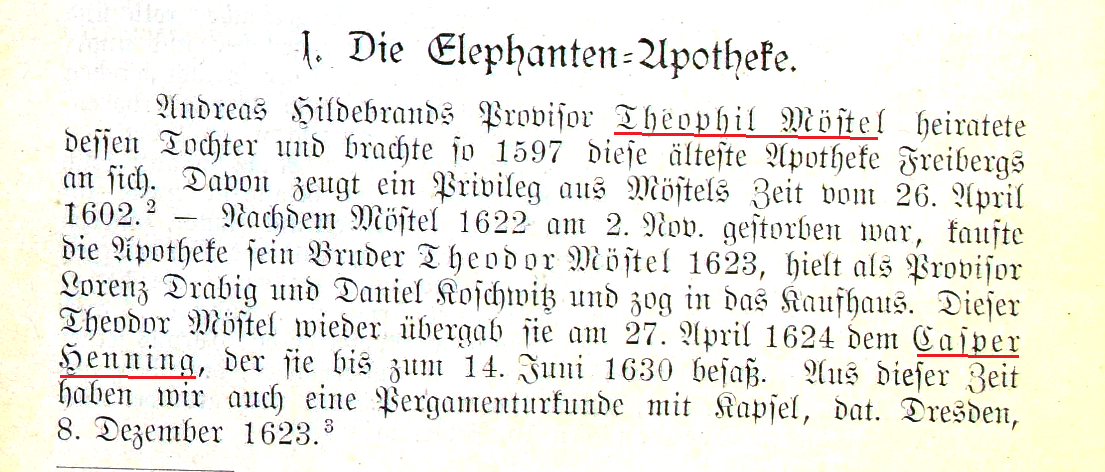 Theophilius Möstels, Apotheker der alten Apotheke in Freiberg, Sachsen.