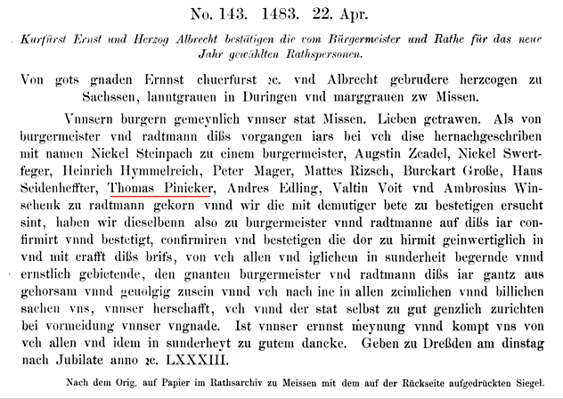 Meißner Stadtrath Thomas Pinicker, erwähnt 1483 im Urkundenbuch des Hochstifts Meißen