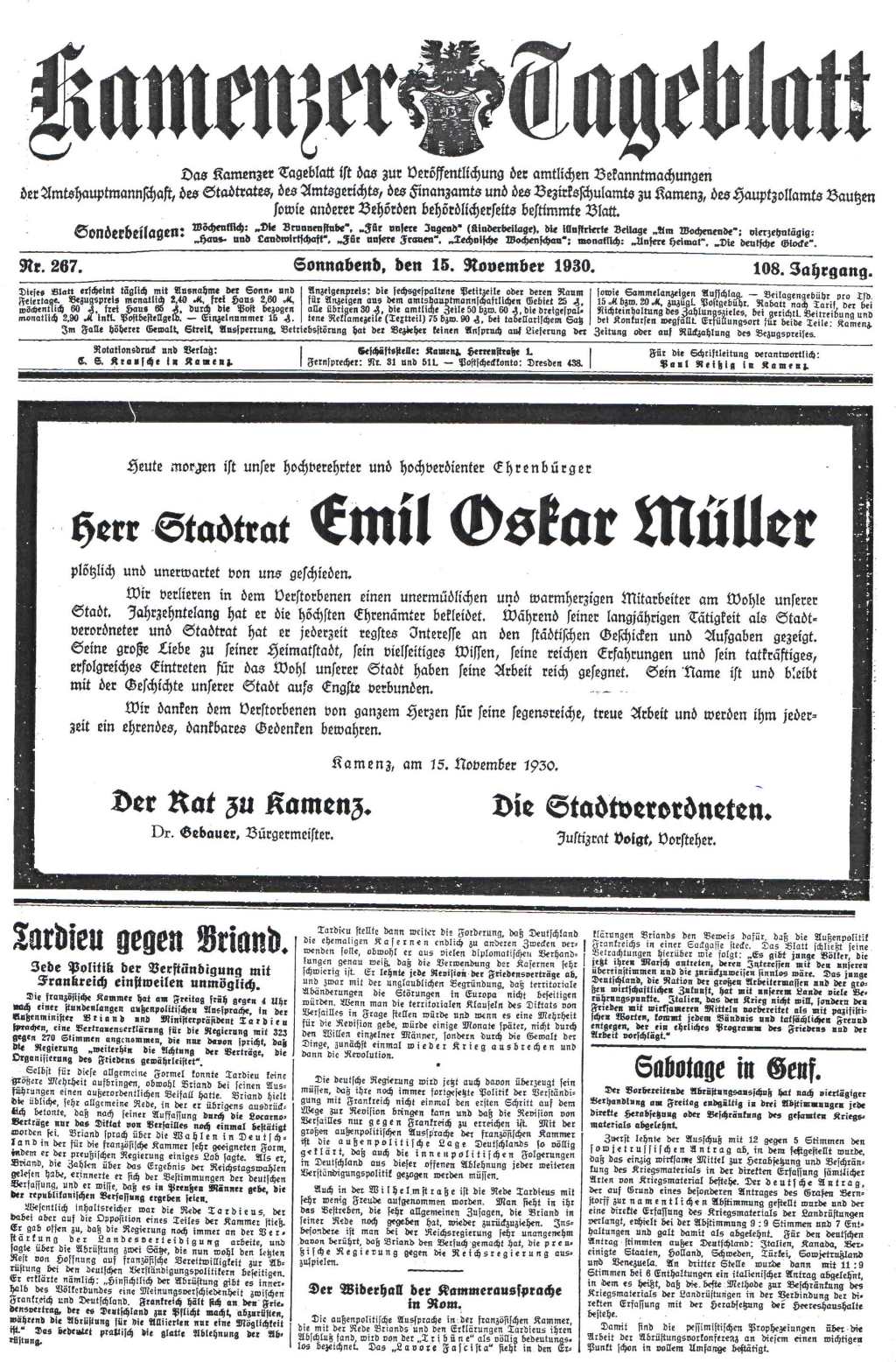 Todesnachricht Emil Oskar Müllers im Kamenzer Tageblatt, 1930