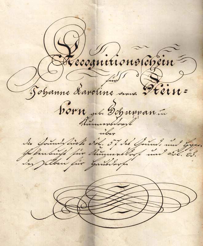 Recognitionsschein der Johanne Caroline Schuppan, verw. Steinborn, geb. in Straßgräbchen. Die Urkunde wurde vom Gerichtsamt Kamenz am 15. April 1872 ausgestellt.