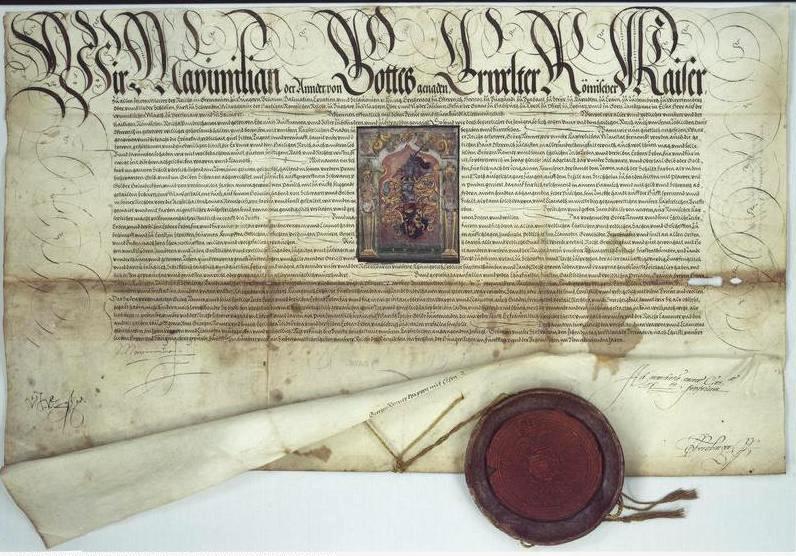 Adelserhebung mit Wappenverleihung des Georg Fabricius, Wappenbrief des Maximilian II. als Beispiel.