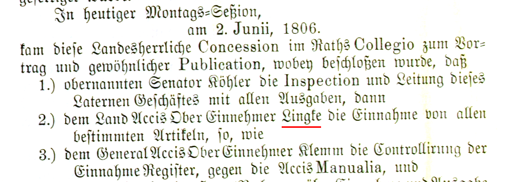 Johann Heinrich Lingke, Stadratssitzung des Freiberger Stadtrats am 2. Juni 1806 zur Straßenbeleuchtung.